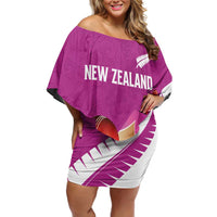 Custom New Zealand Cricket Family Matching Off Shoulder Short Dress and Hawaiian Shirt Kiwi Birds Haka Dance Pink Fern Sporty Style