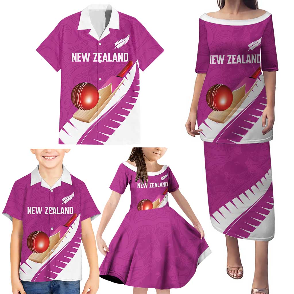 Custom New Zealand Cricket Family Matching Puletasi and Hawaiian Shirt Kiwi Birds Haka Dance Pink Fern Sporty Style