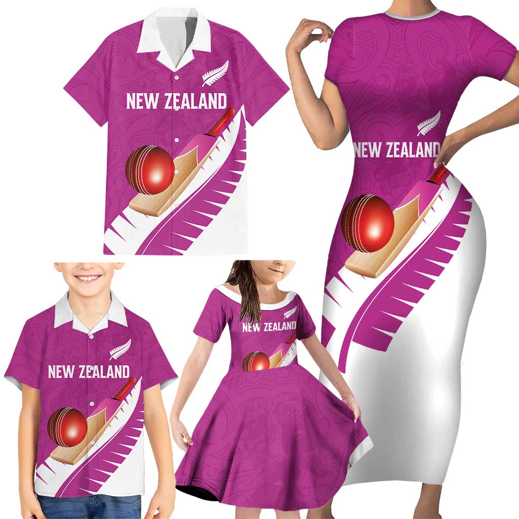 Custom New Zealand Cricket Family Matching Short Sleeve Bodycon Dress and Hawaiian Shirt Kiwi Birds Haka Dance Pink Fern Sporty Style