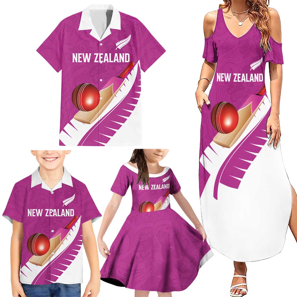 Custom New Zealand Cricket Family Matching Summer Maxi Dress and Hawaiian Shirt Kiwi Birds Haka Dance Pink Fern Sporty Style