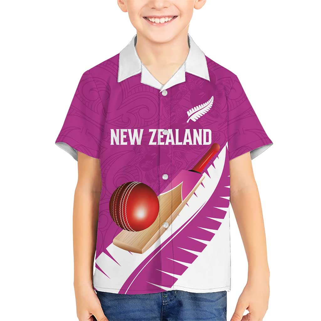 Custom New Zealand Cricket Kid Hawaiian Shirt Kiwi Birds Haka Dance Pink Fern Sporty Style