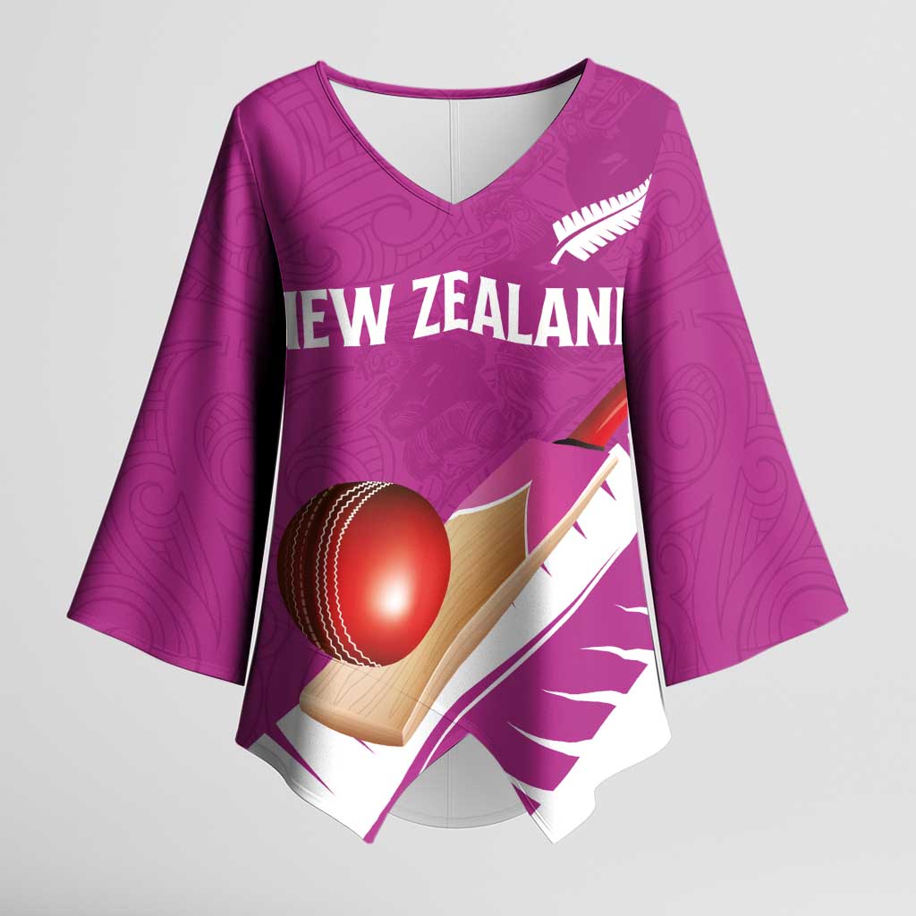 Custom New Zealand Cricket Kimono Sleeve Blouse Kiwi Birds Haka Dance Pink Fern Sporty Style