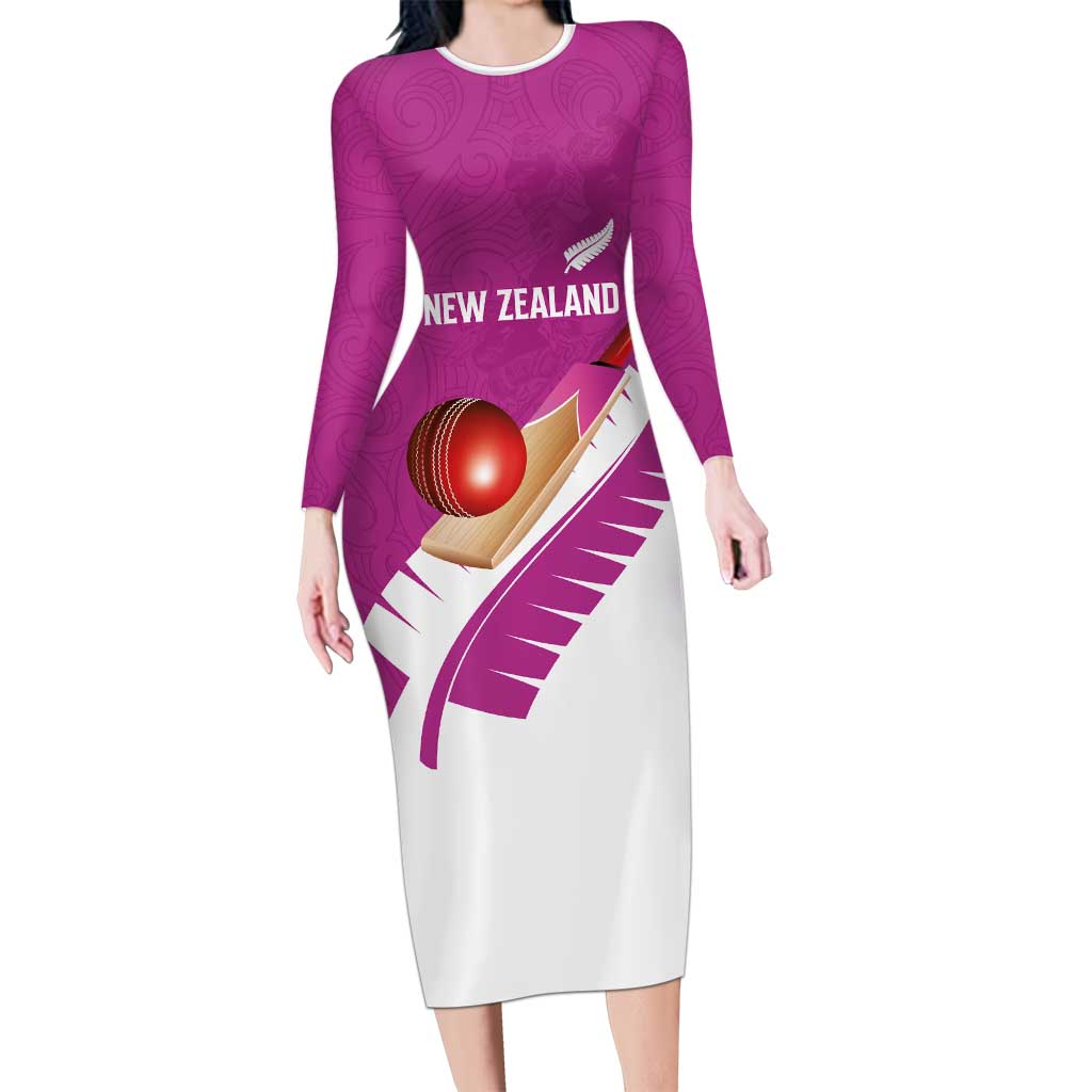Custom New Zealand Cricket Long Sleeve Bodycon Dress Kiwi Birds Haka Dance Pink Fern Sporty Style