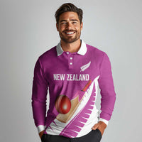 Custom New Zealand Cricket Long Sleeve Polo Shirt Kiwi Birds Haka Dance Pink Fern Sporty Style