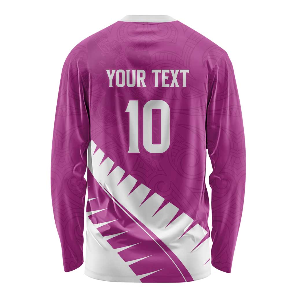 Custom New Zealand Cricket Long Sleeve Shirt Kiwi Birds Haka Dance Pink Fern Sporty Style