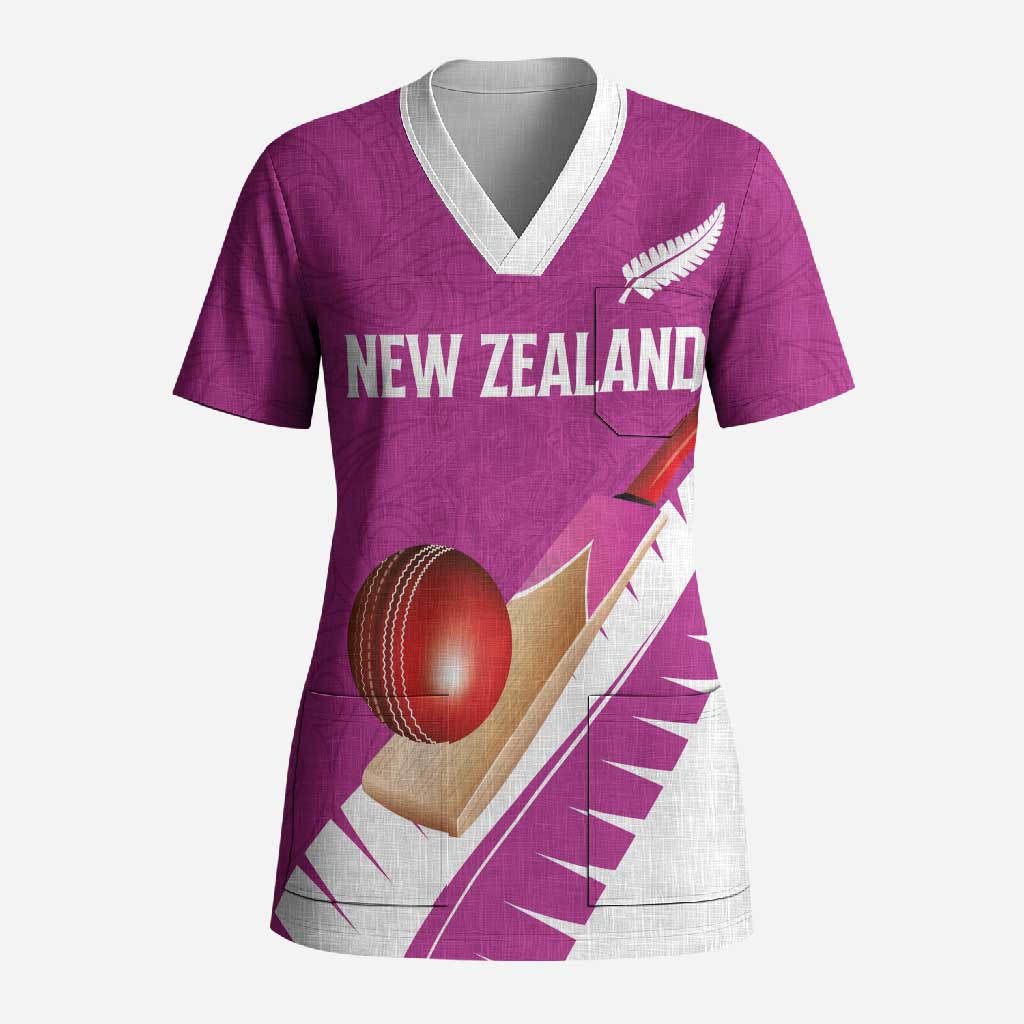Custom New Zealand Cricket Scrub Top Kiwi Birds Haka Dance Pink Fern Sporty Style