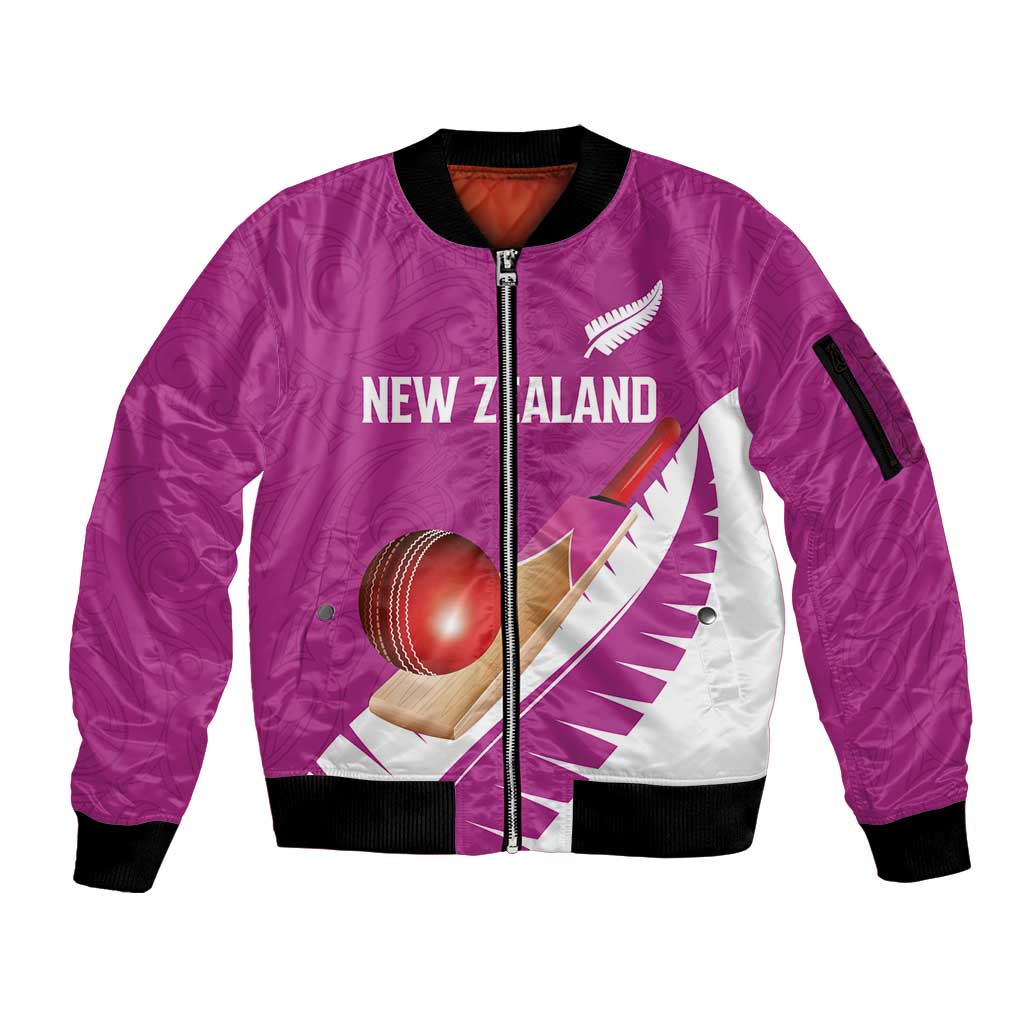 Custom New Zealand Cricket Sleeve Zip Bomber Jacket Kiwi Birds Haka Dance Pink Fern Sporty Style