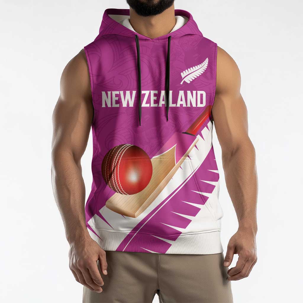 Custom New Zealand Cricket Sleeveless Hoodie Kiwi Birds Haka Dance Pink Fern Sporty Style