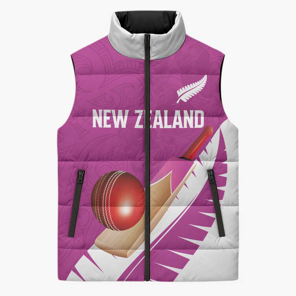 Custom New Zealand Cricket Sleeveless Puffer Jacket Kiwi Birds Haka Dance Pink Fern Sporty Style