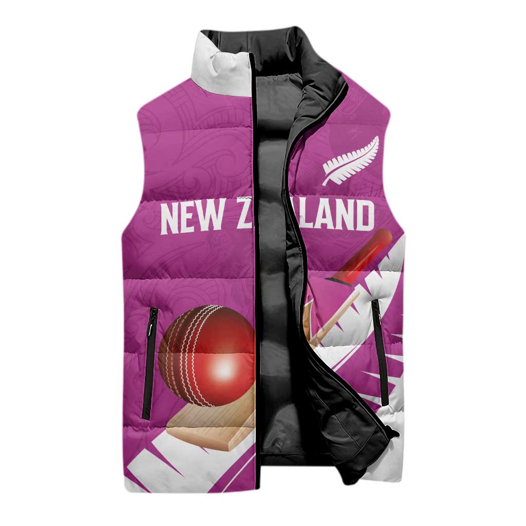 Custom New Zealand Cricket Sleeveless Puffer Jacket Kiwi Birds Haka Dance Pink Fern Sporty Style