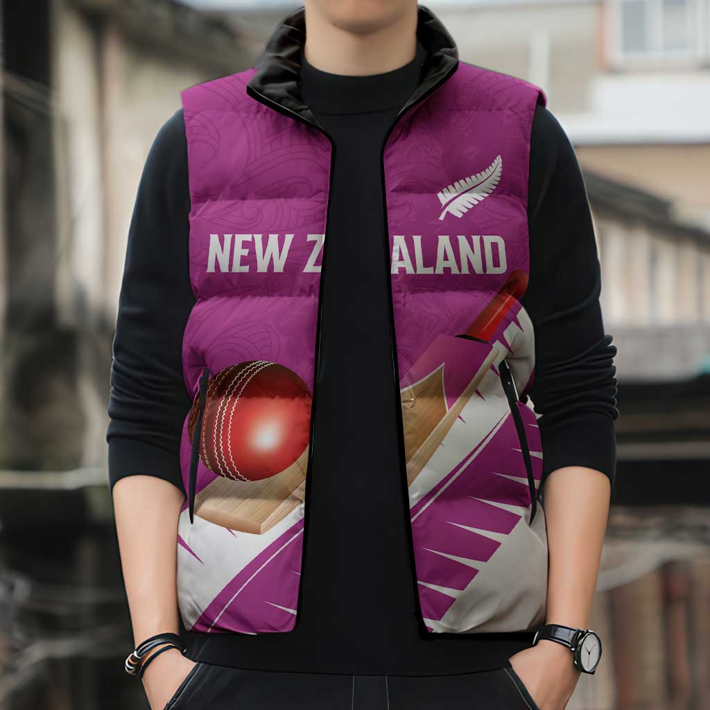 Custom New Zealand Cricket Sleeveless Puffer Jacket Kiwi Birds Haka Dance Pink Fern Sporty Style