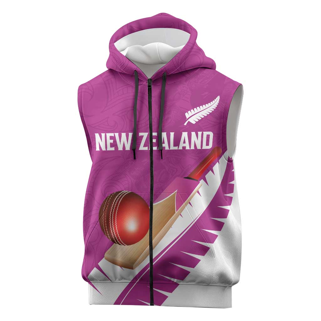 Custom New Zealand Cricket Sleeveless Zip Hoodie Kiwi Birds Haka Dance Pink Fern Sporty Style