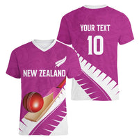 Custom New Zealand Cricket Women V-Neck T-Shirt Kiwi Birds Haka Dance Pink Fern Sporty Style