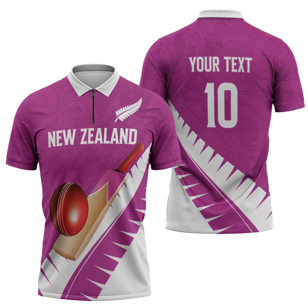 Custom New Zealand Cricket Zipper Polo Shirt Kiwi Birds Haka Dance Pink Fern Sporty Style