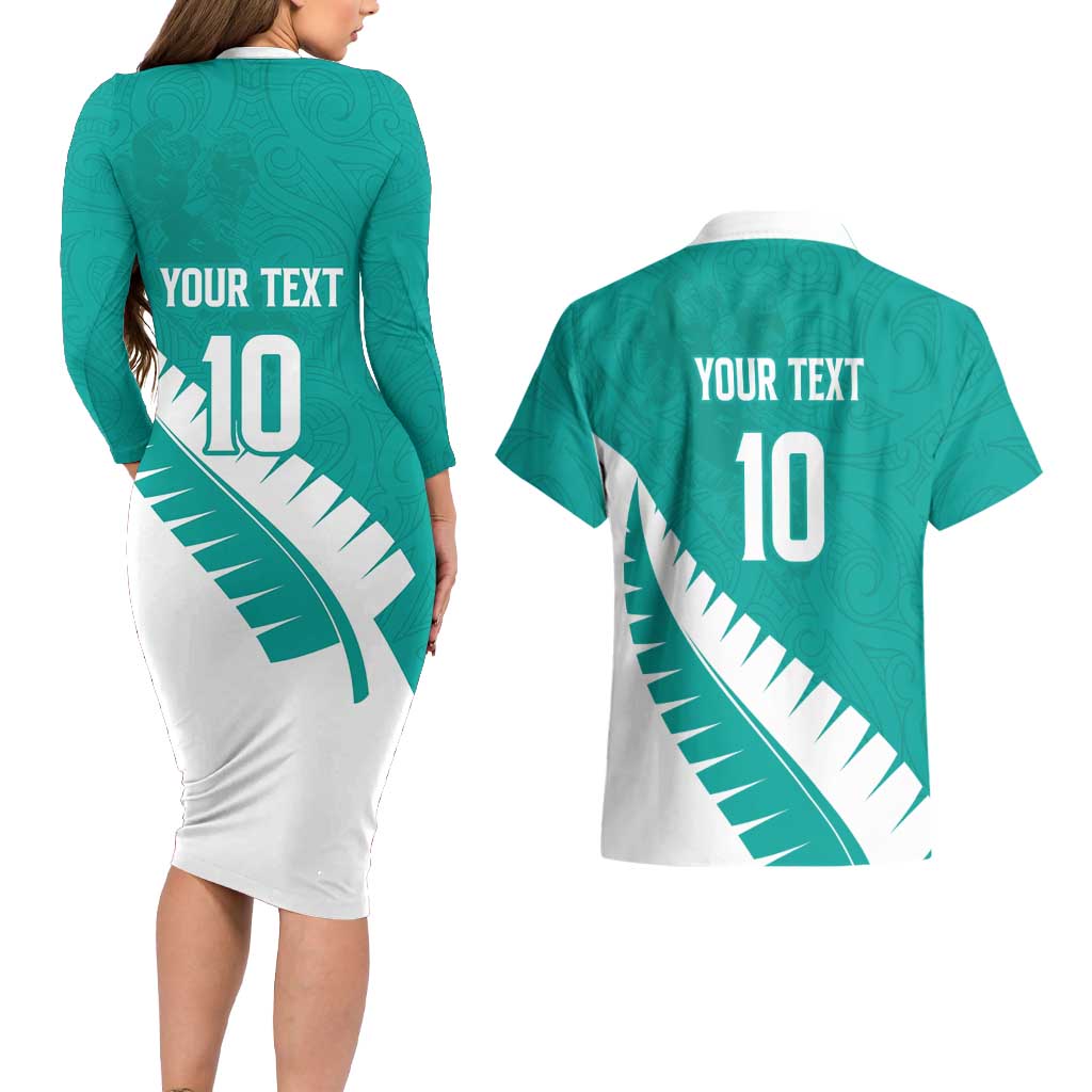 Custom New Zealand Cricket Couples Matching Long Sleeve Bodycon Dress and Hawaiian Shirt Kiwi Birds Haka Dance Turquoise Fern Sporty Style