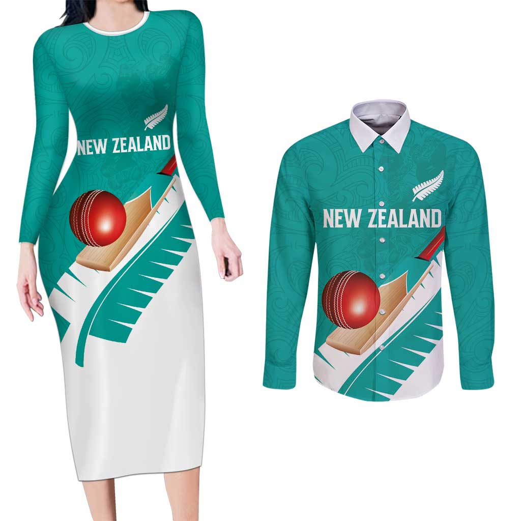 Custom New Zealand Cricket Couples Matching Long Sleeve Bodycon Dress and Long Sleeve Button Shirt Kiwi Birds Haka Dance Turquoise Fern Sporty Style