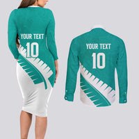 Custom New Zealand Cricket Couples Matching Long Sleeve Bodycon Dress and Long Sleeve Button Shirt Kiwi Birds Haka Dance Turquoise Fern Sporty Style