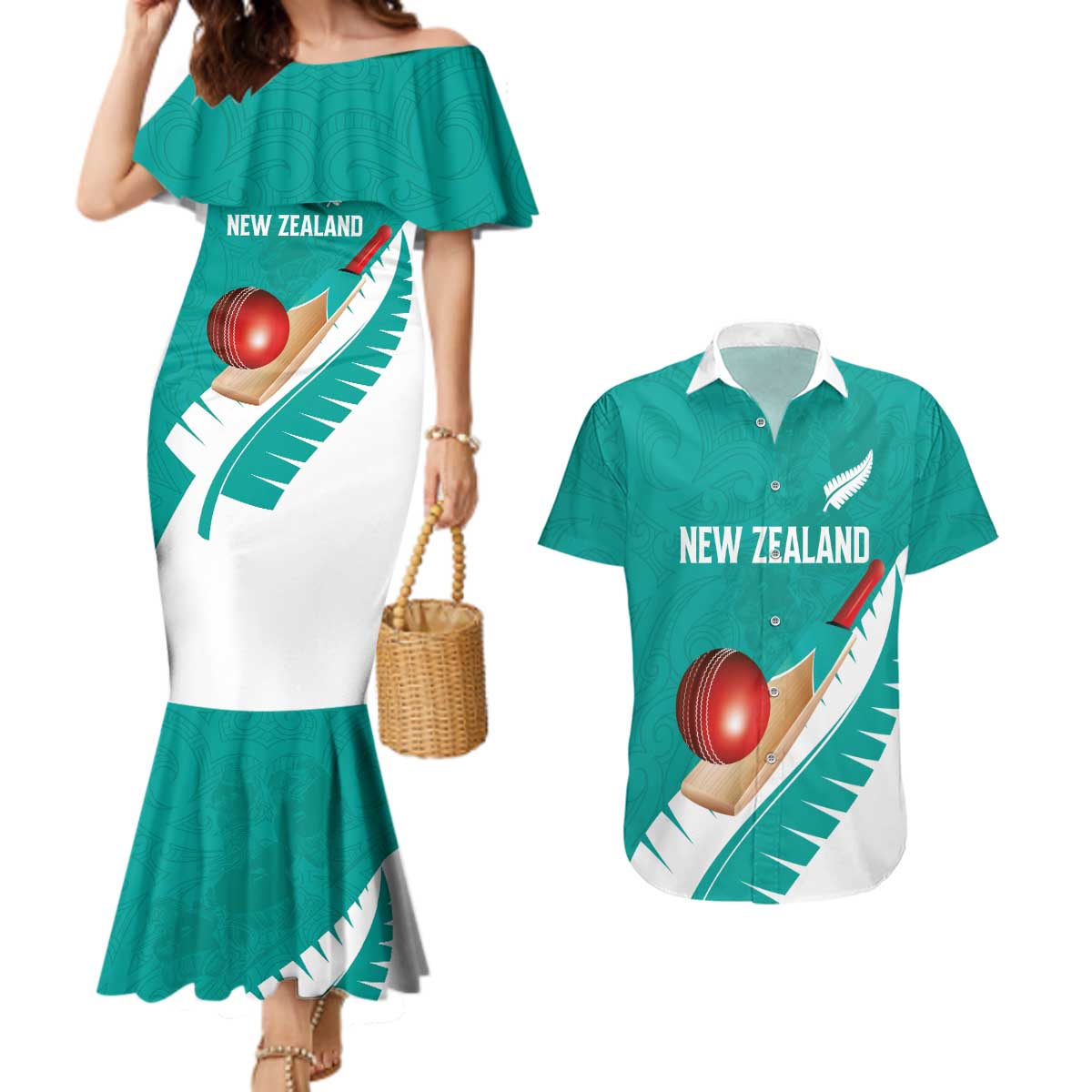 Custom New Zealand Cricket Couples Matching Mermaid Dress and Hawaiian Shirt Kiwi Birds Haka Dance Turquoise Fern Sporty Style