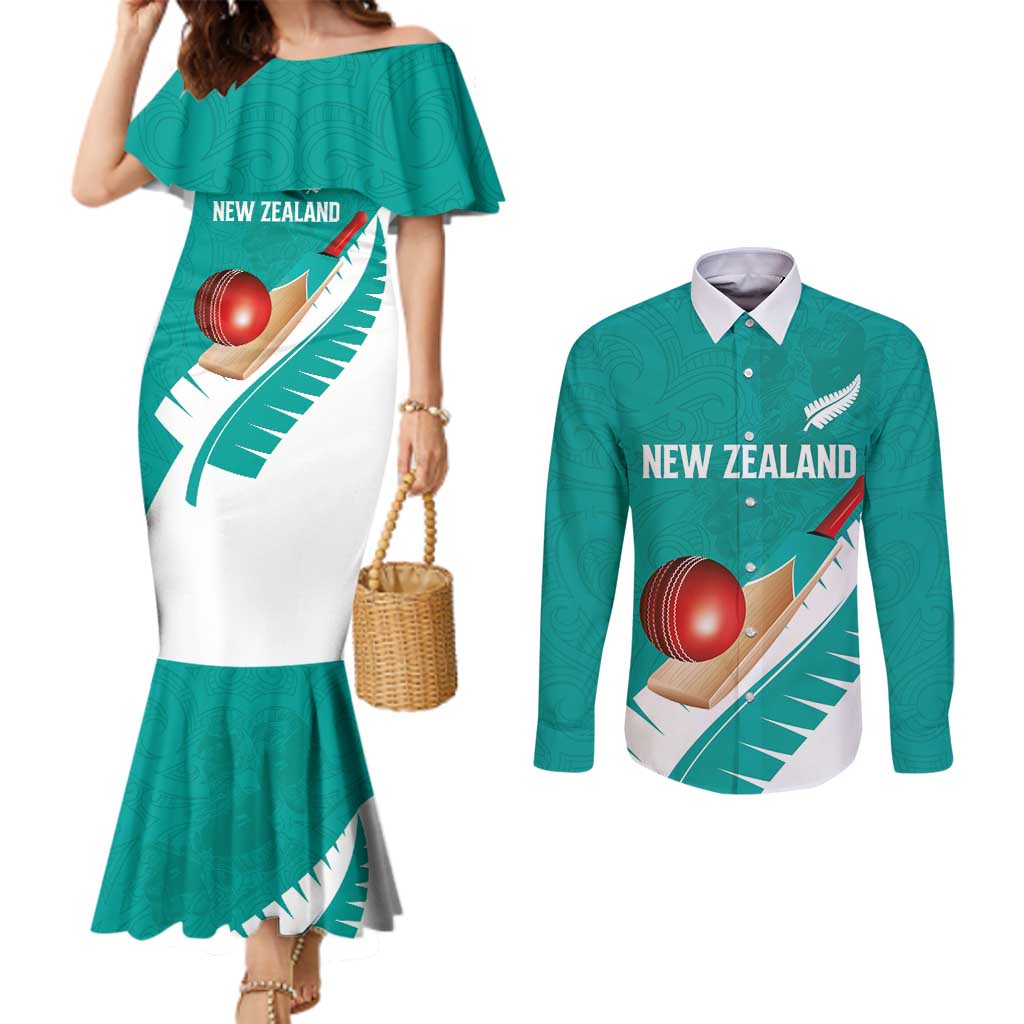 Custom New Zealand Cricket Couples Matching Mermaid Dress and Long Sleeve Button Shirt Kiwi Birds Haka Dance Turquoise Fern Sporty Style