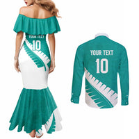 Custom New Zealand Cricket Couples Matching Mermaid Dress and Long Sleeve Button Shirt Kiwi Birds Haka Dance Turquoise Fern Sporty Style