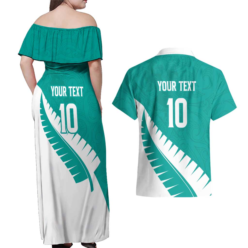 Custom New Zealand Cricket Couples Matching Off Shoulder Maxi Dress and Hawaiian Shirt Kiwi Birds Haka Dance Turquoise Fern Sporty Style