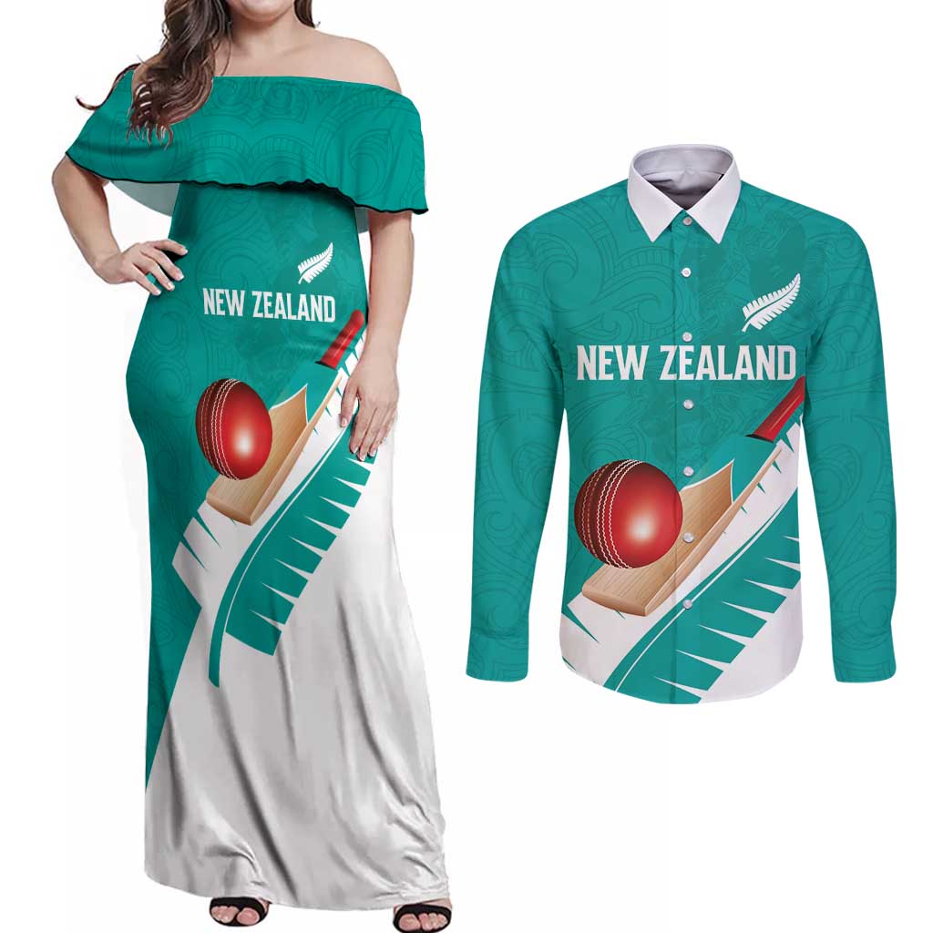Custom New Zealand Cricket Couples Matching Off Shoulder Maxi Dress and Long Sleeve Button Shirt Kiwi Birds Haka Dance Turquoise Fern Sporty Style