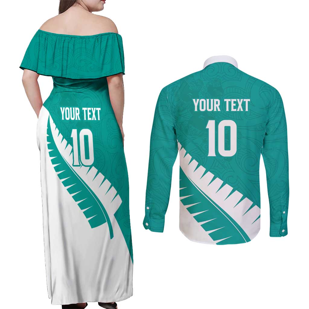 Custom New Zealand Cricket Couples Matching Off Shoulder Maxi Dress and Long Sleeve Button Shirt Kiwi Birds Haka Dance Turquoise Fern Sporty Style