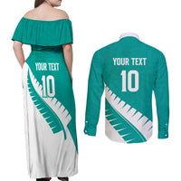 Custom New Zealand Cricket Couples Matching Off Shoulder Maxi Dress and Long Sleeve Button Shirt Kiwi Birds Haka Dance Turquoise Fern Sporty Style
