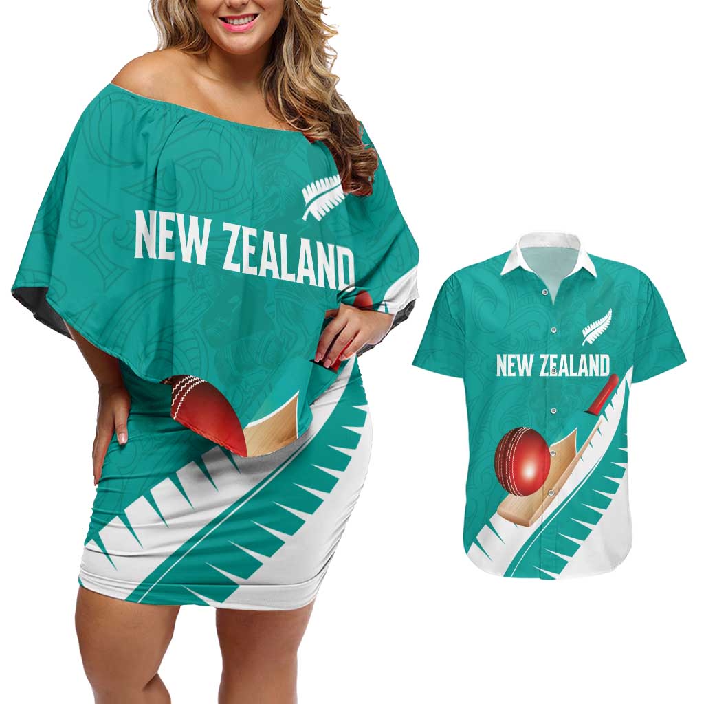 Custom New Zealand Cricket Couples Matching Off Shoulder Short Dress and Hawaiian Shirt Kiwi Birds Haka Dance Turquoise Fern Sporty Style