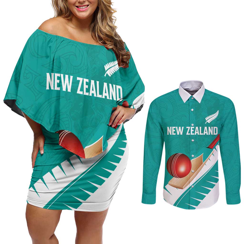 Custom New Zealand Cricket Couples Matching Off Shoulder Short Dress and Long Sleeve Button Shirt Kiwi Birds Haka Dance Turquoise Fern Sporty Style