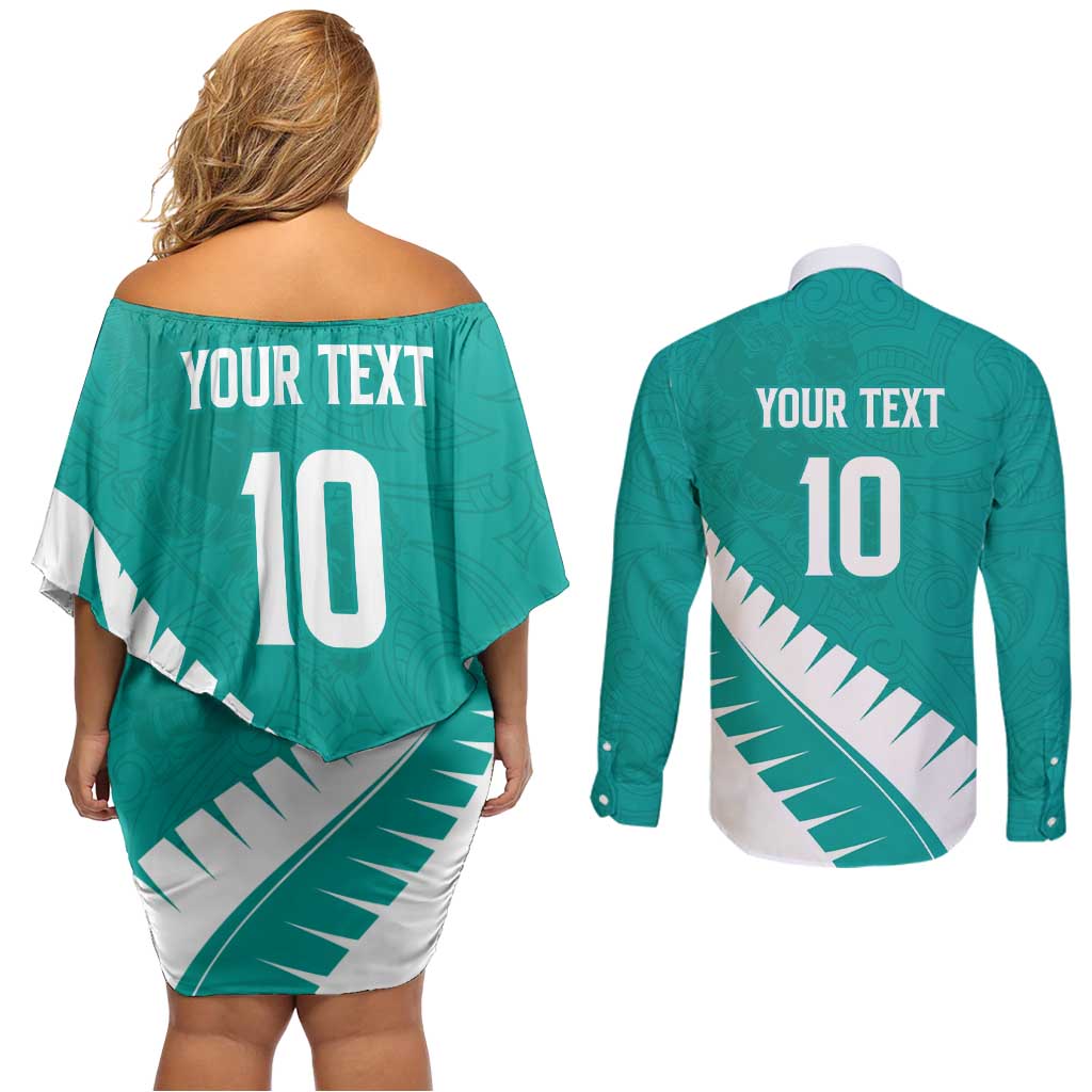 Custom New Zealand Cricket Couples Matching Off Shoulder Short Dress and Long Sleeve Button Shirt Kiwi Birds Haka Dance Turquoise Fern Sporty Style