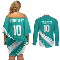 Custom New Zealand Cricket Couples Matching Off Shoulder Short Dress and Long Sleeve Button Shirt Kiwi Birds Haka Dance Turquoise Fern Sporty Style