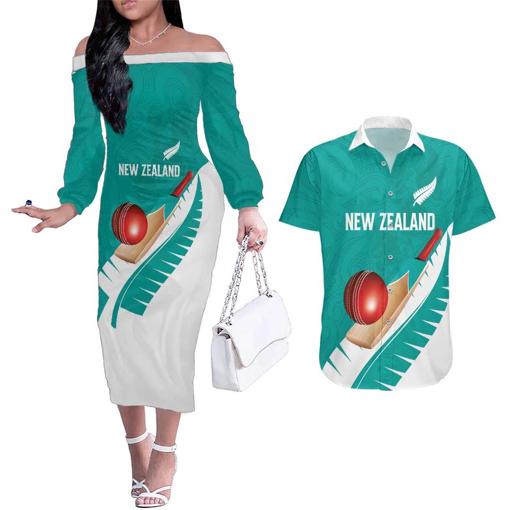 Custom New Zealand Cricket Couples Matching Off The Shoulder Long Sleeve Dress and Hawaiian Shirt Kiwi Birds Haka Dance Turquoise Fern Sporty Style