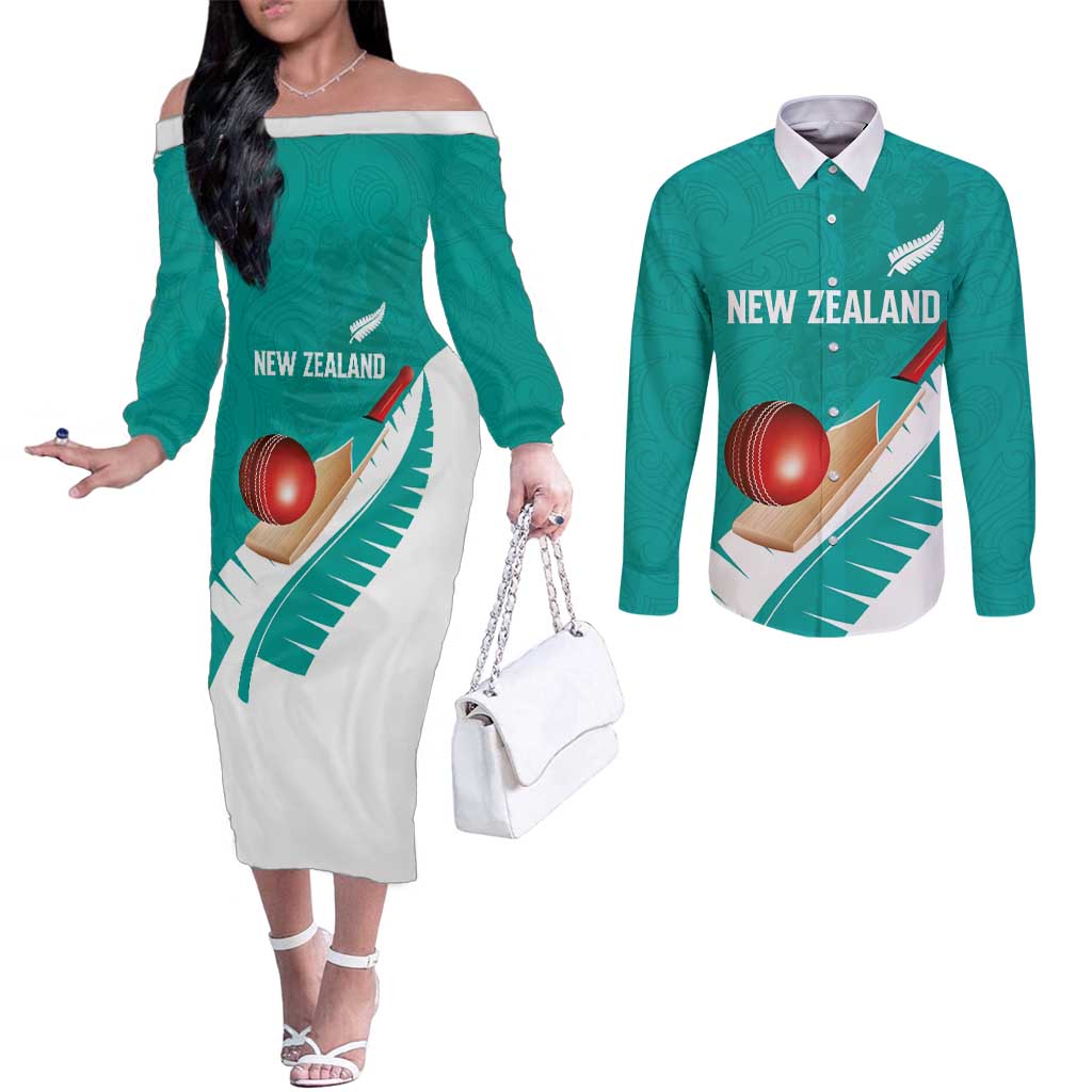 Custom New Zealand Cricket Couples Matching Off The Shoulder Long Sleeve Dress and Long Sleeve Button Shirt Kiwi Birds Haka Dance Turquoise Fern Sporty Style