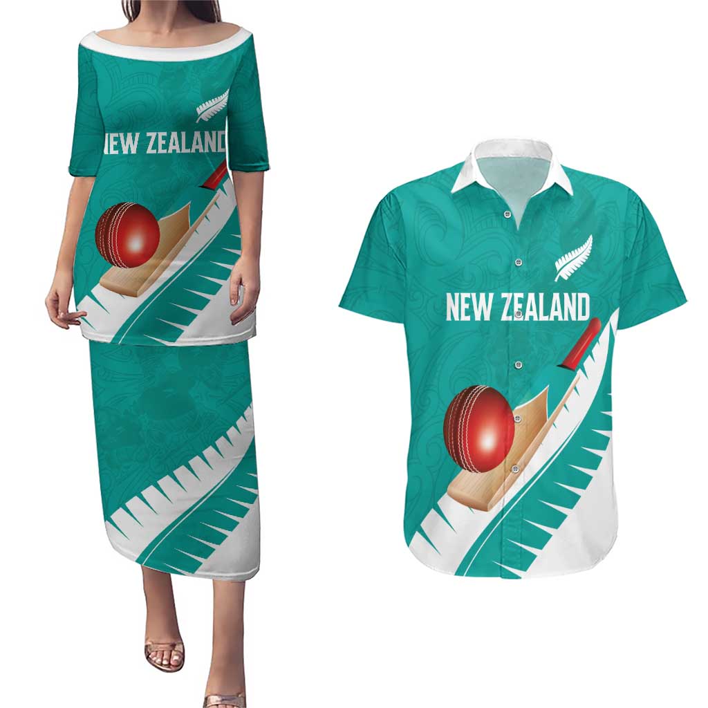 Custom New Zealand Cricket Couples Matching Puletasi and Hawaiian Shirt Kiwi Birds Haka Dance Turquoise Fern Sporty Style