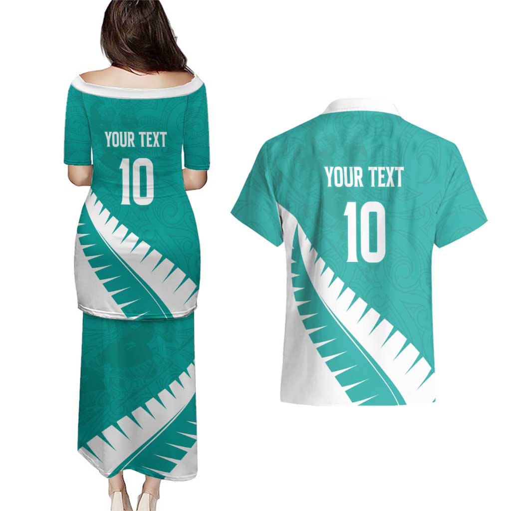 Custom New Zealand Cricket Couples Matching Puletasi and Hawaiian Shirt Kiwi Birds Haka Dance Turquoise Fern Sporty Style