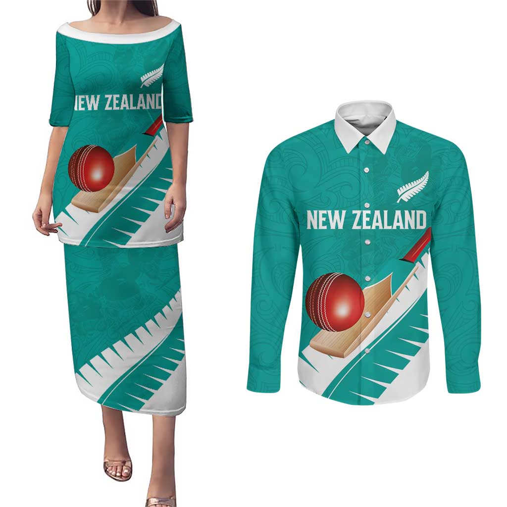 Custom New Zealand Cricket Couples Matching Puletasi and Long Sleeve Button Shirt Kiwi Birds Haka Dance Turquoise Fern Sporty Style