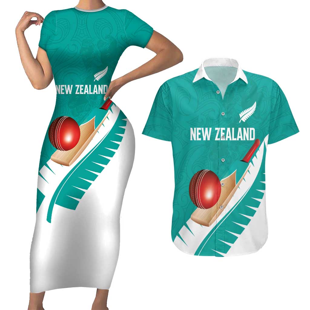 Custom New Zealand Cricket Couples Matching Short Sleeve Bodycon Dress and Hawaiian Shirt Kiwi Birds Haka Dance Turquoise Fern Sporty Style