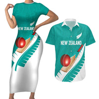 Custom New Zealand Cricket Couples Matching Short Sleeve Bodycon Dress and Hawaiian Shirt Kiwi Birds Haka Dance Turquoise Fern Sporty Style