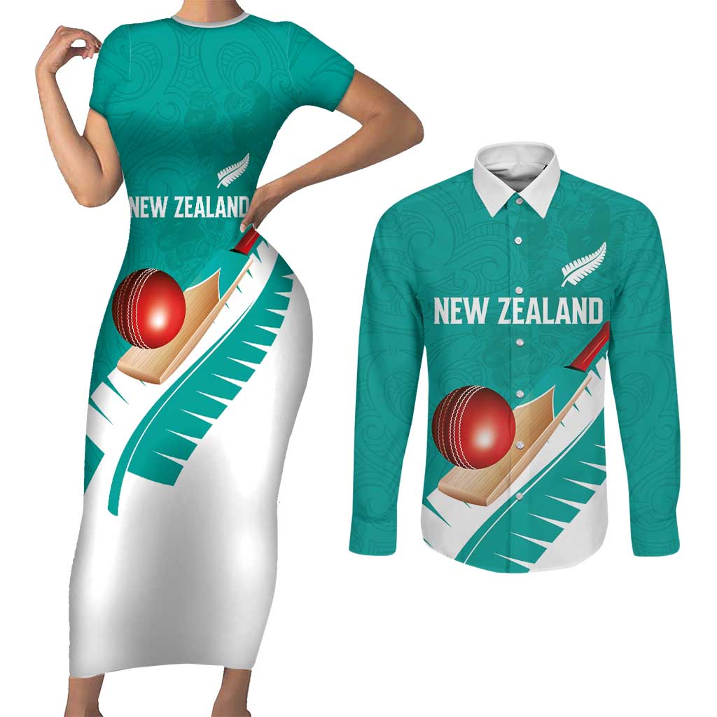 Custom New Zealand Cricket Couples Matching Short Sleeve Bodycon Dress and Long Sleeve Button Shirt Kiwi Birds Haka Dance Turquoise Fern Sporty Style