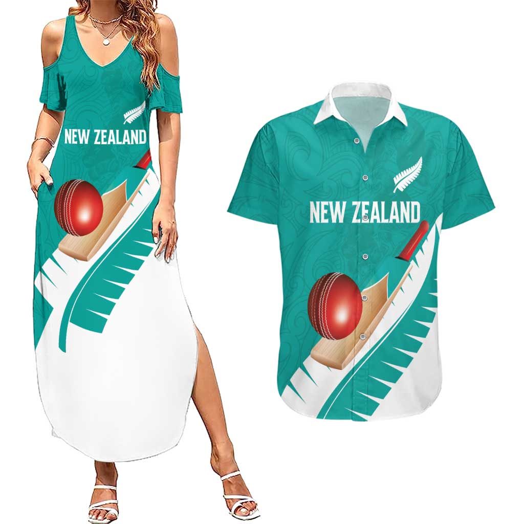 Custom New Zealand Cricket Couples Matching Summer Maxi Dress and Hawaiian Shirt Kiwi Birds Haka Dance Turquoise Fern Sporty Style