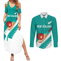 Custom New Zealand Cricket Couples Matching Summer Maxi Dress and Long Sleeve Button Shirt Kiwi Birds Haka Dance Turquoise Fern Sporty Style