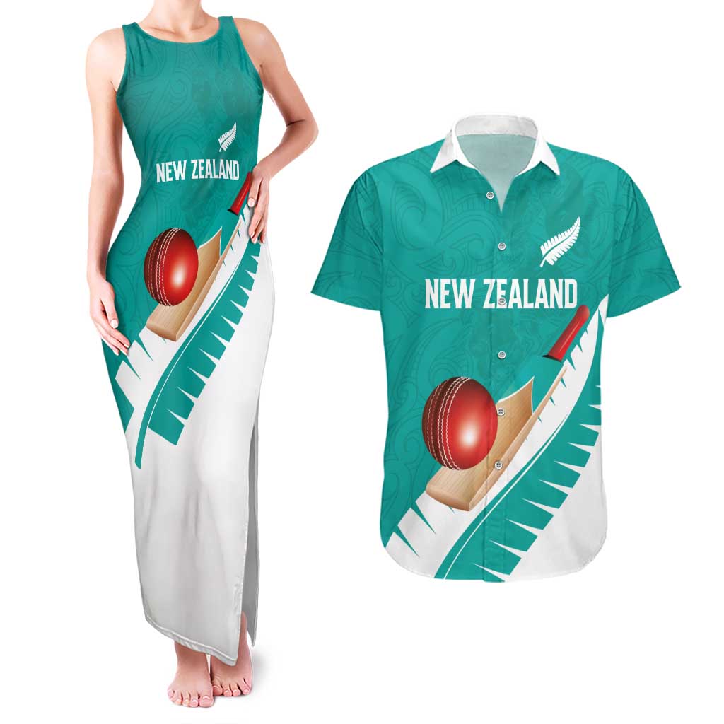 Custom New Zealand Cricket Couples Matching Tank Maxi Dress and Hawaiian Shirt Kiwi Birds Haka Dance Turquoise Fern Sporty Style