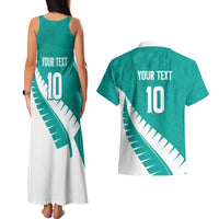 Custom New Zealand Cricket Couples Matching Tank Maxi Dress and Hawaiian Shirt Kiwi Birds Haka Dance Turquoise Fern Sporty Style