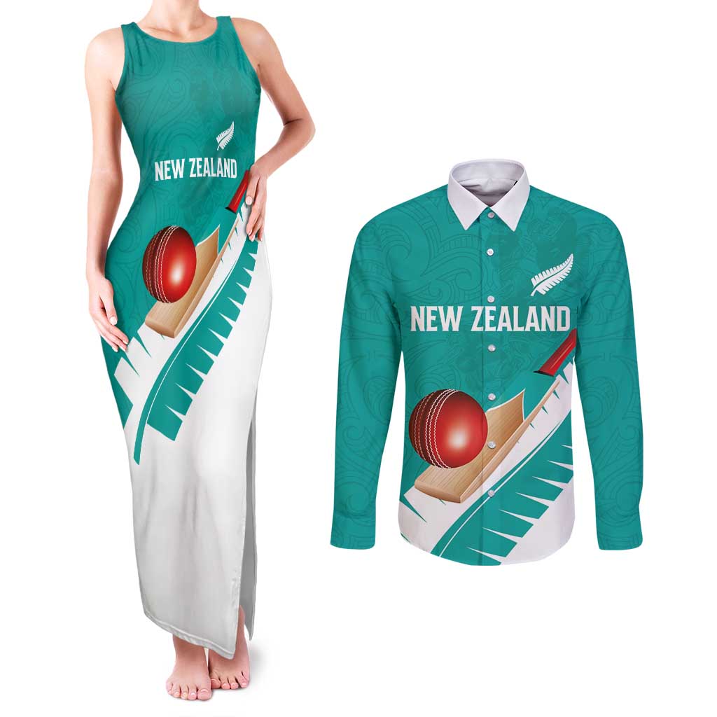 Custom New Zealand Cricket Couples Matching Tank Maxi Dress and Long Sleeve Button Shirt Kiwi Birds Haka Dance Turquoise Fern Sporty Style