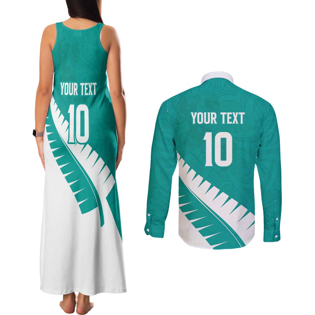 Custom New Zealand Cricket Couples Matching Tank Maxi Dress and Long Sleeve Button Shirt Kiwi Birds Haka Dance Turquoise Fern Sporty Style