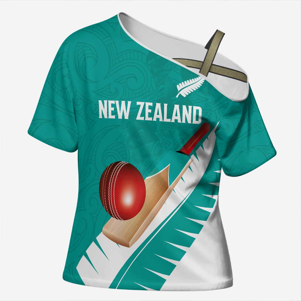 Custom New Zealand Cricket Cross Shoulder Shirt Kiwi Birds Haka Dance Turquoise Fern Sporty Style