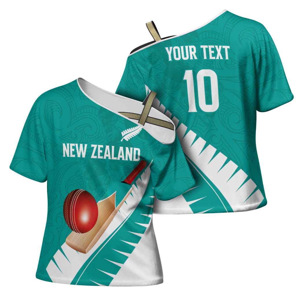 Custom New Zealand Cricket Cross Shoulder Shirt Kiwi Birds Haka Dance Turquoise Fern Sporty Style