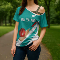 Custom New Zealand Cricket Cross Shoulder Shirt Kiwi Birds Haka Dance Turquoise Fern Sporty Style