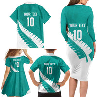 Custom New Zealand Cricket Family Matching Long Sleeve Bodycon Dress and Hawaiian Shirt Kiwi Birds Haka Dance Turquoise Fern Sporty Style